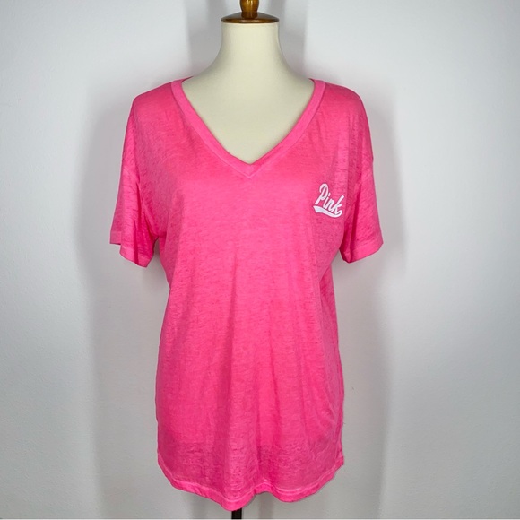 S VS Pink Short Sleeve Neon Sheer Burnout V Neck Hot Pink Logo Tee Shirt Top - Picture 2 of 8